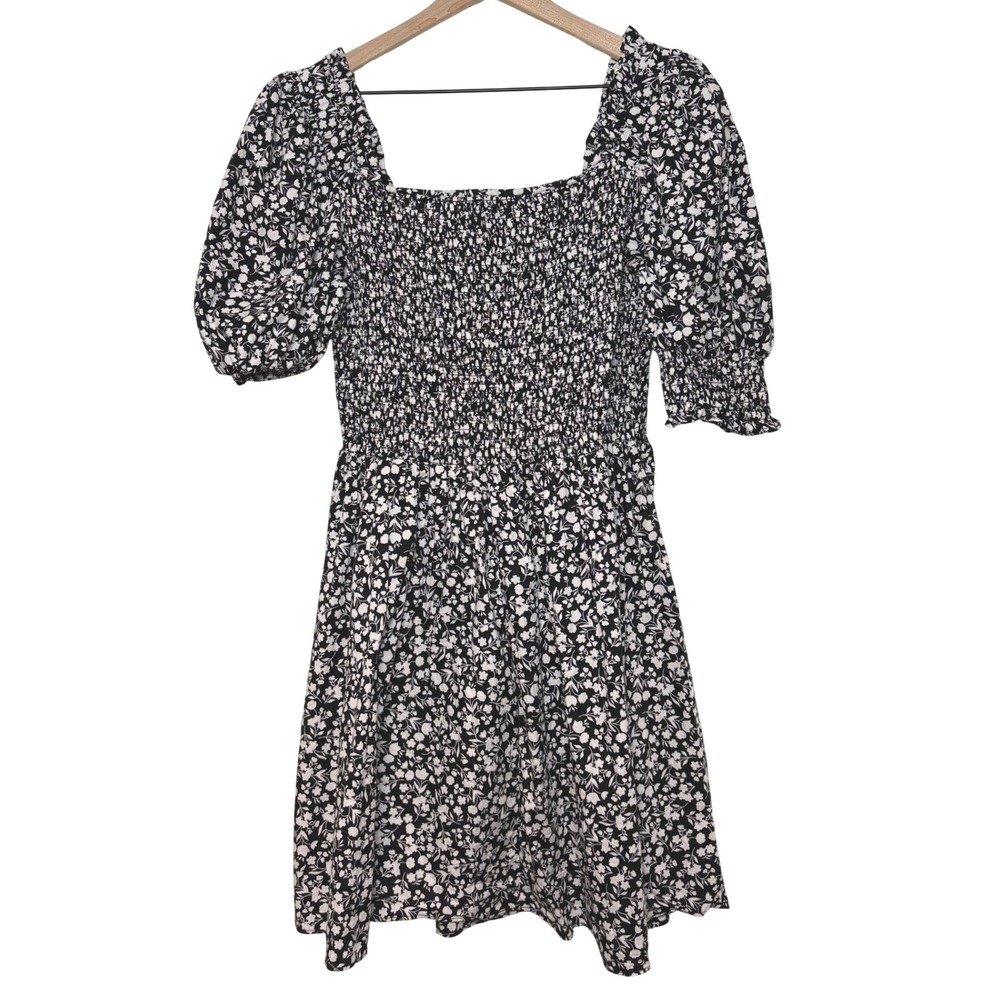 1.STATE Womens Black White Floral Smocked Mini Dress Cotton‎ Puff Sleeve Large
